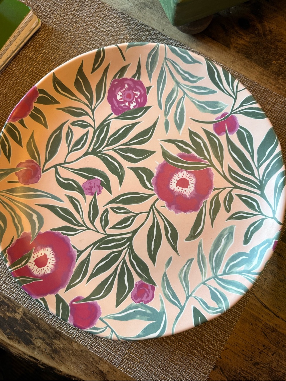 Opalhouse Floral Pink Ceramic melamine Plates with Green Leaves 10.5 inch
